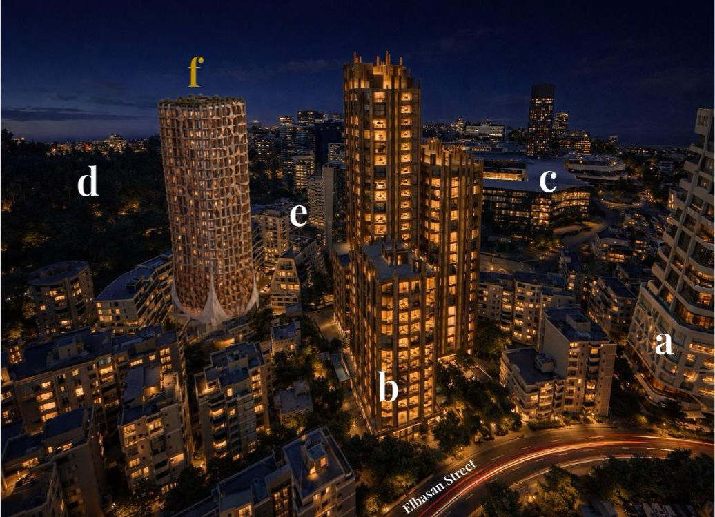Annotated night context view identifying the subject concept as F and surrounding landmarks A to E