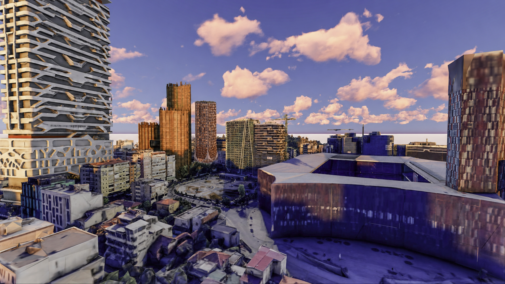 City approach centered on the leaf-wrapped subject tower